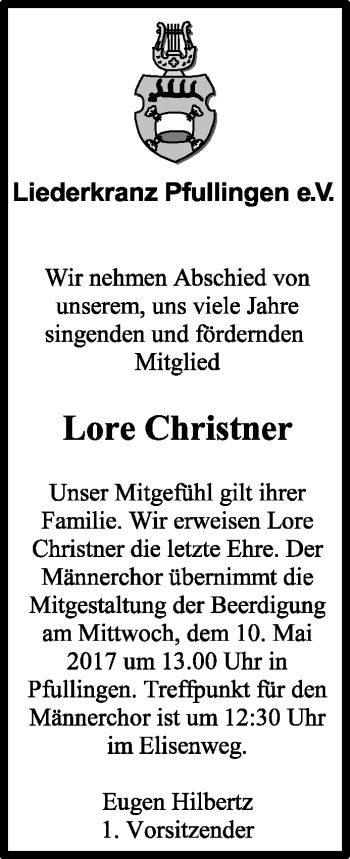 Anzeige von Lore Christner von Reutlinger General-Anzeiger