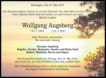 Anzeige von Wolfgang Augsberg von Reutlinger General-Anzeiger
