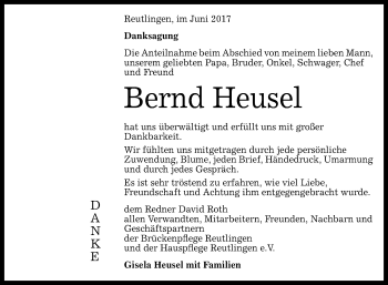 Anzeige von Bernd Heusel von Reutlinger General-Anzeiger
