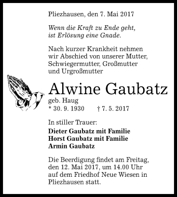 Anzeige von Alwine Gaubatz von Reutlinger General-Anzeiger