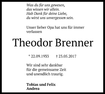Anzeige von Theodor Brenner von Reutlinger General-Anzeiger