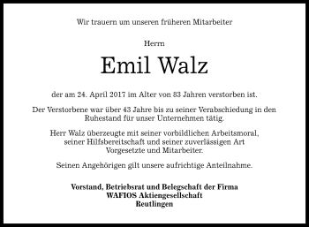 Anzeige von Emil Walz von Reutlinger General-Anzeiger