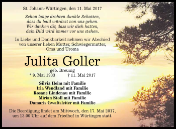 Anzeige von Julita Goller von Reutlinger General-Anzeiger