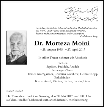Anzeige von Morteza Moini von Reutlinger General-Anzeiger