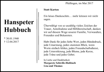 Anzeige von Hanspeter Hubbuch von Reutlinger General-Anzeiger