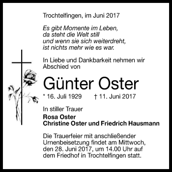 Anzeige von Günter Oster von Reutlinger General-Anzeiger