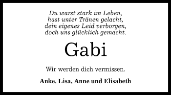 Anzeige von Gabi  von Reutlinger General-Anzeiger