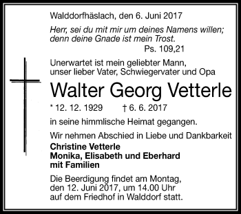 Anzeige von Walter Georg Vetterle von Reutlinger General-Anzeiger