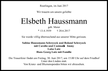 Anzeige von Elsbeth Haussmann von Reutlinger General-Anzeiger