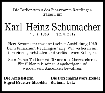Anzeige von Karl-Heinz Schumacher von Reutlinger General-Anzeiger