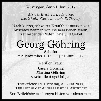 Anzeige von Georg Göhring von Reutlinger General-Anzeiger