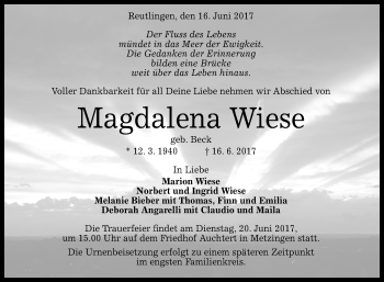 Anzeige von Magdalena Wiese von Reutlinger General-Anzeiger
