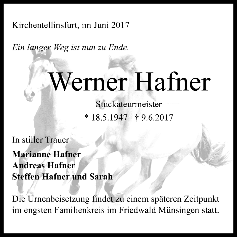  Traueranzeige für Werner Hafner vom 14.06.2017 aus Reutlinger General-Anzeiger