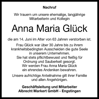 Anzeige von Anna Maria Glück von Reutlinger General-Anzeiger