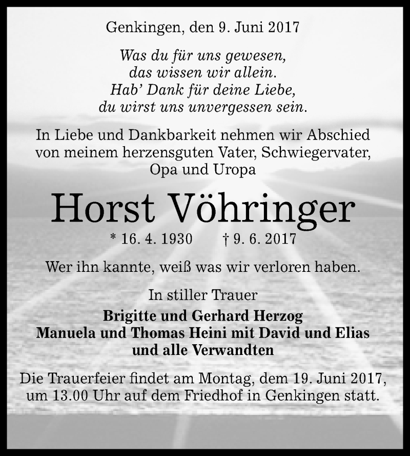  Traueranzeige für Horst Vöhringer vom 14.06.2017 aus Reutlinger General-Anzeiger