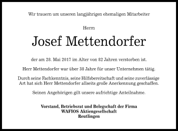 Anzeige von Josef Mettendorfer von Reutlinger General-Anzeiger