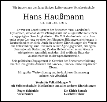 Anzeige von Hans Haußmann von Reutlinger General-Anzeiger