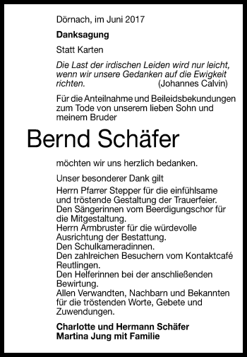 Anzeige von Bernd Schäfer von Reutlinger General-Anzeiger