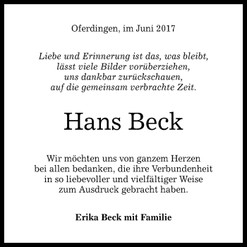 Anzeige von Hans Beck von Reutlinger General-Anzeiger
