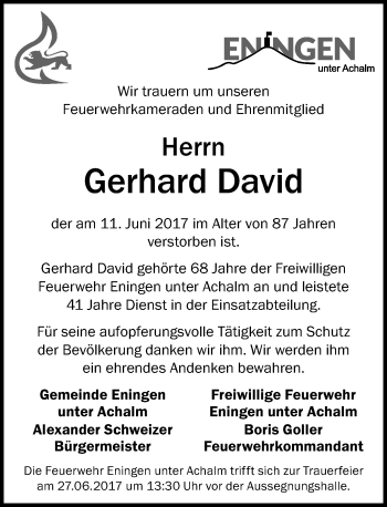 Anzeige von Gerhard David von Reutlinger General-Anzeiger