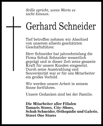 Anzeige von Gerhard Schneider von Reutlinger General-Anzeiger