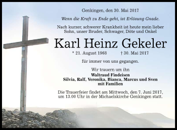 Anzeige von Karl Heinz Gekeler von Reutlinger General-Anzeiger