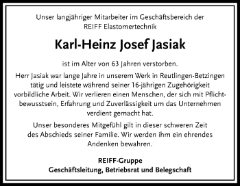 Anzeige von Karl-Heinz Josef Jasiak von Reutlinger General-Anzeiger