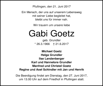 Anzeige von Gabi Goetz von Reutlinger General-Anzeiger