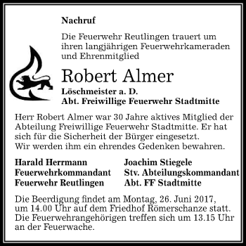 Anzeige von Robert Almer von Reutlinger General-Anzeiger