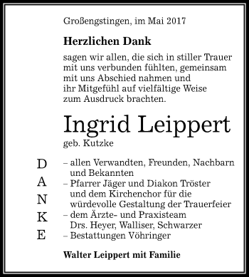 Anzeige von Ingrid Leippert von Reutlinger General-Anzeiger
