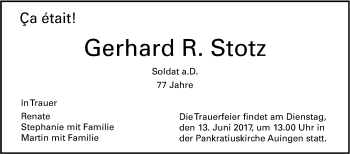 Anzeige von Gerhard R. Stotz von Reutlinger General-Anzeiger