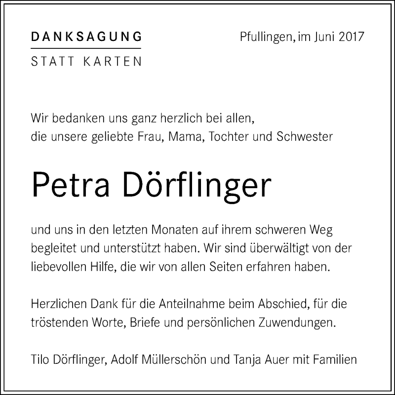  Traueranzeige für Petra Dörflinger vom 03.06.2017 aus Reutlinger General-Anzeiger