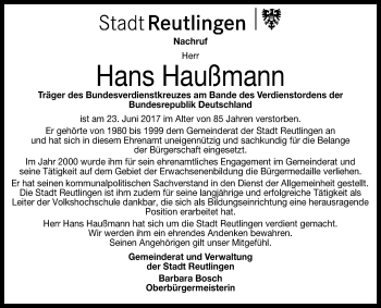 Anzeige von Hans Haußmann von Reutlinger General-Anzeiger
