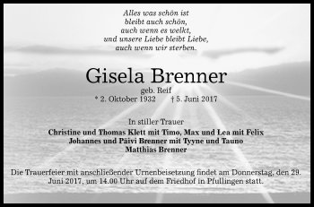 Anzeige von Gisela Brenner von Reutlinger General-Anzeiger