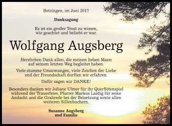 Anzeige von Wolfgang Augsberg von Reutlinger General-Anzeiger