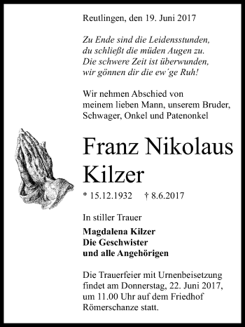 Anzeige von Franz Nikolaus Kilzer von Reutlinger General-Anzeiger