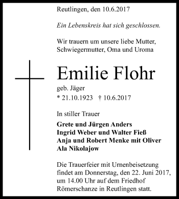 Anzeige von Emilie Flohr von Reutlinger General-Anzeiger