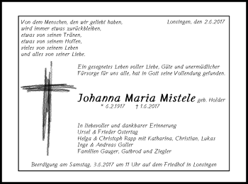 Anzeige von Johanna Maria Mistele von Reutlinger General-Anzeiger