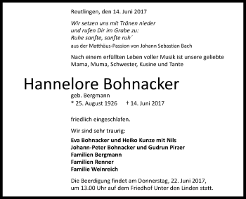 Anzeige von Hannelore Bohnacker von Reutlinger General-Anzeiger