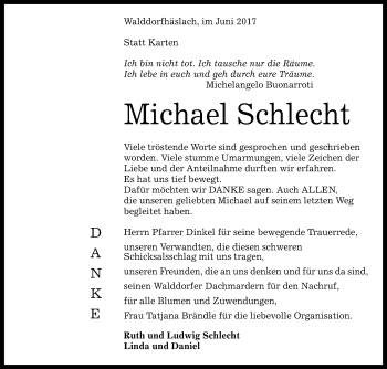 Anzeige von Michael Schlecht von Reutlinger General-Anzeiger