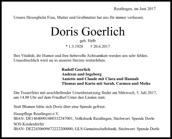 Anzeige von Doris Goerlich von Reutlinger General-Anzeiger