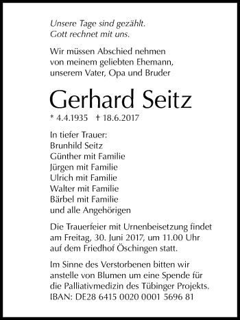 Anzeige von Gerhard Seitz von Reutlinger General-Anzeiger