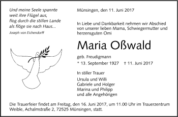 Anzeige von Maria Oßwald von Reutlinger General-Anzeiger