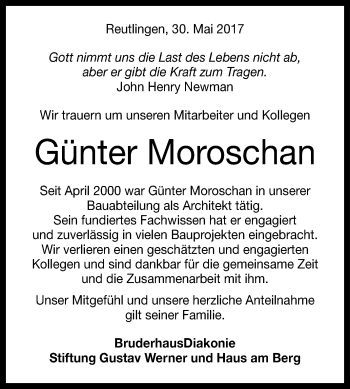 Anzeige von Günter Moroschan von Reutlinger General-Anzeiger