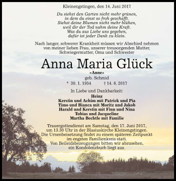 Anzeige von Anna Maria Glück von Reutlinger General-Anzeiger