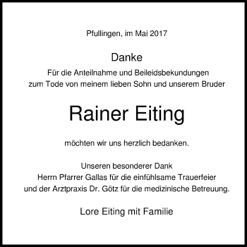 Anzeige von Rainer Eiting von Reutlinger General-Anzeiger