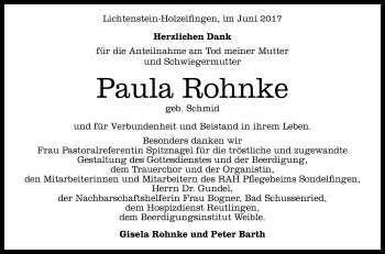 Anzeige von Paula Rohnke von Reutlinger General-Anzeiger