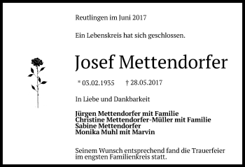 Anzeige von Josef Mettendorfer von Reutlinger General-Anzeiger