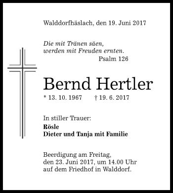 Anzeige von Bernd Hertler von Reutlinger General-Anzeiger