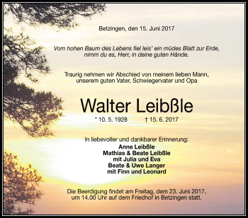 Anzeige von Walter Leibßle von Reutlinger General-Anzeiger
